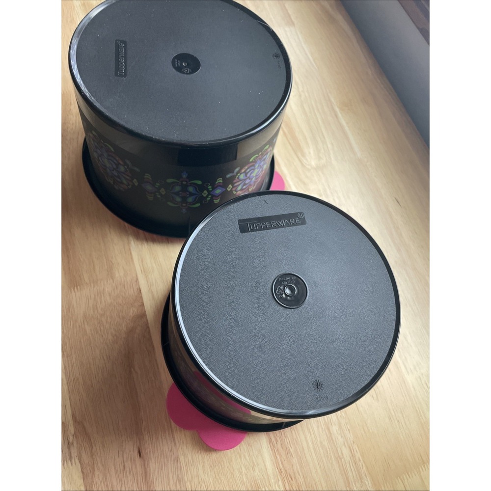 Tupperware Canister Set 2pc Black Pink Floral Medallion Round Storage Containers - Picture 7 of 9